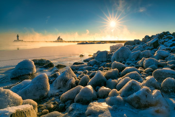 Sun star and sea smoke at Lake Superior