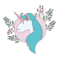 frame circular decorative with unicorn and flowers vector illustration design