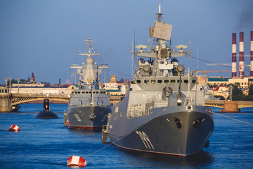 A line of modern russian military naval battleships warships in the row, northern fleet and baltic sea fleet  © tsuguliev