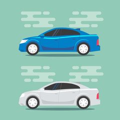 Blue and white sedans in flat color style. City car vehicle transportation icons. Vector illustrations.