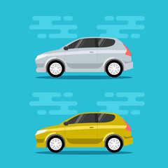 Hatchback cars in flat color style. City mini vehicle transportation icons. Vector illustrations.