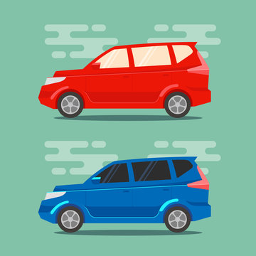 Red and blue minivans in flat color style. Multi purpose vehicle transportation icons. Vector illustrations.