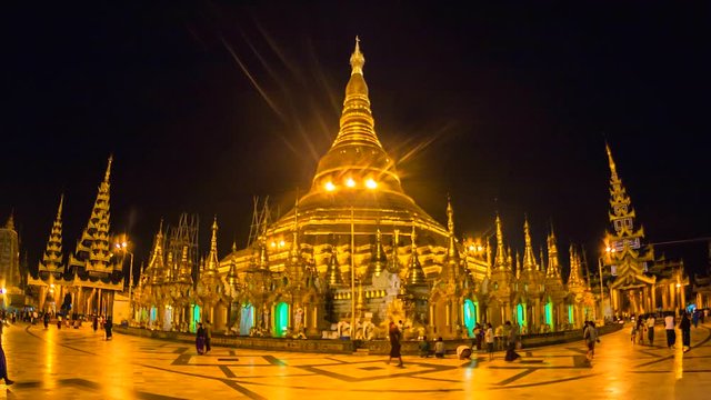 4K Timelapse of Shwedagon pagoda at night in Yangon. Landmark of Myanmar