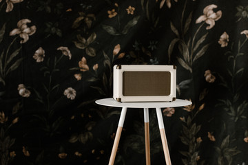 vintage white music speaker on modern white table in front of vintage floral background
