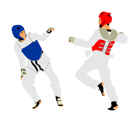 Fight between two taekwondo fighters vector illustration isolated. Sparring on training action. Self defense, defence art exercising concept. Warriors in the martial arts battle. Combat competition. 