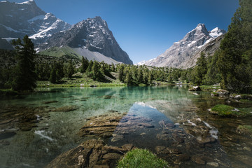 crystal clear mountain lake in alpine scenery
