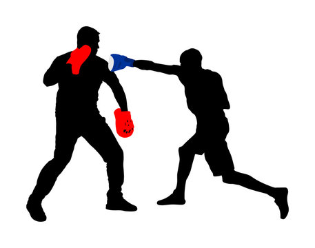 Trainer and boxer vector silhouette illustration isolated on white background. Sparring partner martial arts. Direct kick. Clinch, knockout, hook, uppercut. Coach teaches young fighter mma in ring.