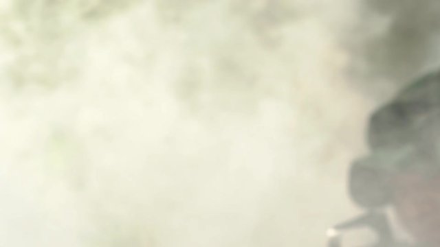 Soldier holding gun weapon and waring armor uniform with smoke camouflage in forest. The military is responsible for maintaining the territory.