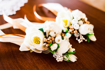 Wedding decorations on a wooden surface