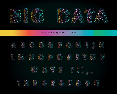 Big data modern font on black background. Polygonal letters and numbers with sparkle dots and connection lines. Starry sky texture. Vector