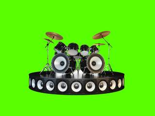 Unusual brutal drum kit stands on the podium. Isolated on green.