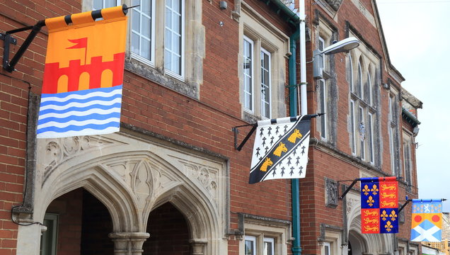 Medieval flags in town of Colyton in East Devon