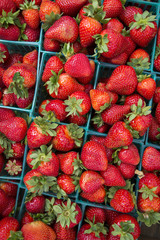 Plastic pint containers of fresh farmer's market strawberries viewed from above.