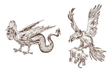 Mythical Basilisk and antique Roc. Ancient Mythology. Birds and animals, creatures in the old vintage style. cock and eagle with an elephant. Engraved hand drawn old sketch.