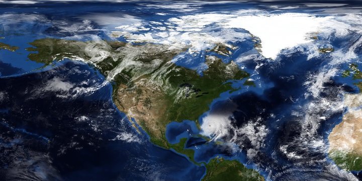 Extremely detailed and realistic 3D illustration of a Hurricane approaching North America. Shot from Space. Elements of this image are furnished by NASA.