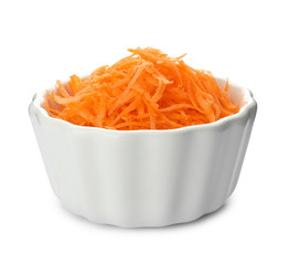 Bowl with grated ripe carrot on white background