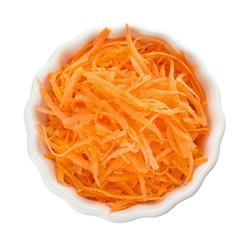 Bowl with grated ripe carrot on white background
