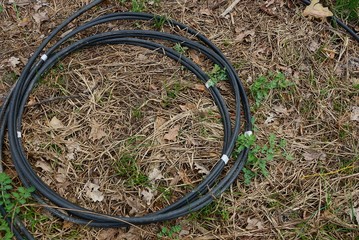 thin black cable in a round skein on the grass