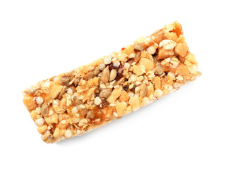 Grain cereal bar on white background. Healthy snack