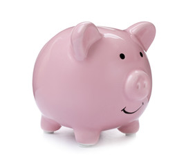 Pink piggy bank on white background. Money saving