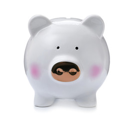 Cute piggy bank on white background. Money saving