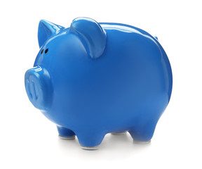 Blue piggy bank on white background. Money saving