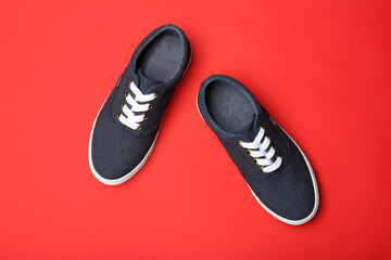 Stylish new shoes on color background, top view