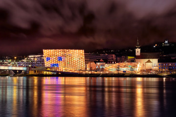 Linz city lights, churches, Ars electronica center - 215891111