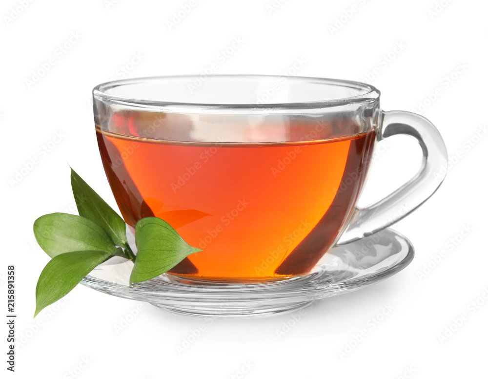 Sticker Glass cup of hot aromatic tea on white background