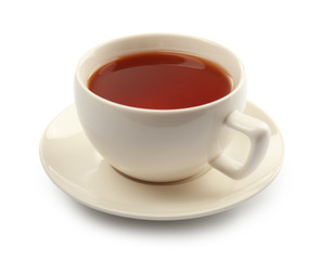 Ceramic cup of hot aromatic tea on white background