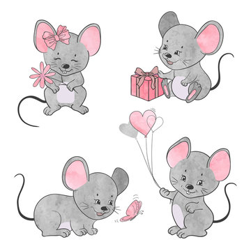 Set of cute little cartoon mice. Vector watercolor mouse collection.