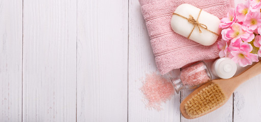 Pink Spa setting and health care items on white background. Space for text, flat lay