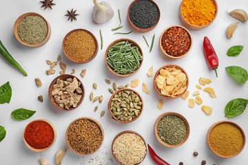 Fotobehang Beautiful composition with different aromatic spices on white background © New Africa