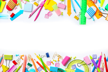 Composition with different school stationery on white background