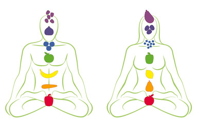 Vegetarian love couple. Meditating man and woman with fruits and vegetables instead of body chakras. Isolated vector illustration over white background.