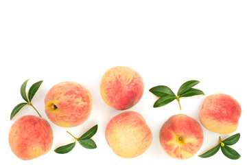 ripe peaches with leaves isolated on white background with copy space for your text. Top view. Flat lay pattern