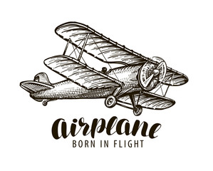 Flying airplane, biplane. Vintage sketch vector illustration © ~ Bitter ~