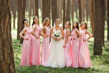 Bride and bridesmaids in pink dresses having fun at wedding day. Happy marriage and wedding party...