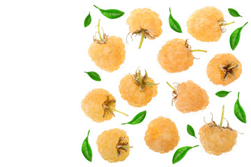 Yellow raspberries with leaf isolated on white background with copy space for your text. Top view. Flat lay pattern