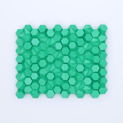 5461495 Colored abstract hexagons blank backdrop. 3d rendering geometric polygons, as illuminated tile wall. Interior room - 215895951