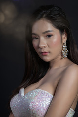 Evening Gown Ball Dress in Asian beautiful woman with fashion make up black hair, High Heel shoes