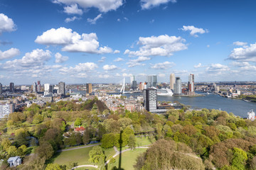 ROTTERDAM, THE NETHERLANDS - MARCH 2015: Aerial view of city buildings on a sunny day. Rotterdam is a major city in Holland