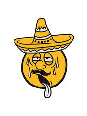 mexiko sombrero südamerika gesicht comic cartoon kreis rund erschöpft sonne cool durchhalten schwitzen heiß warm hitze sommer heiß kühl sonnig urlaub schweiß