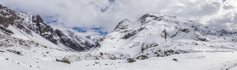 Andes valleys inside central Chile at Cajon del Maipo, Santiago de Chile, amazing views over mountains and glaciers a perfect place for hiking and having some adventure on a remote place