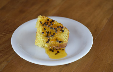 Brazilian food: passion fruit cake with seeds syrup