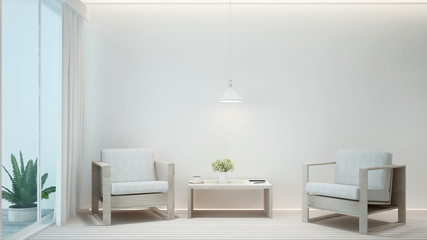 Living room and balcony minimal style in hotel or home. Interior simple design. 3D Illustration