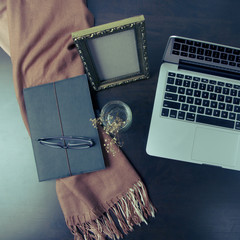 Flat lay of a desk setup. Copy space. Blank frame.