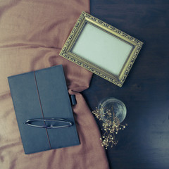 Flat lay of a desk setup. Copy space. Blank frame.