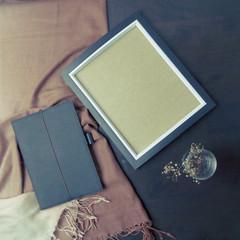 Flat lay of a desk setup. Copy space. Blank frame.