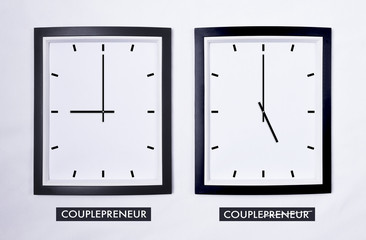 Clocks showing the time for couplepreneur and couple with slash on preneur text. Business conceptual.